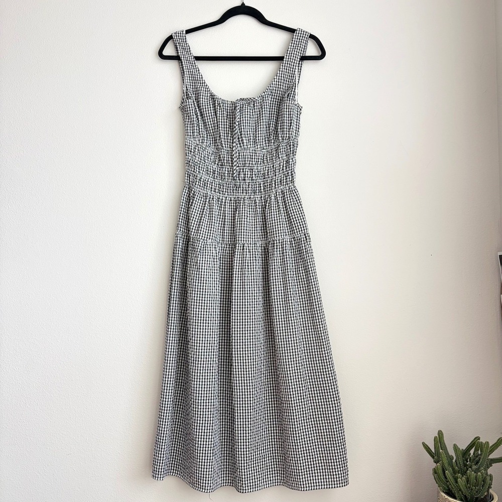 Black White Gingham Smocked Tiered Midi Dress Sleeveless Tie Front Cottagecore